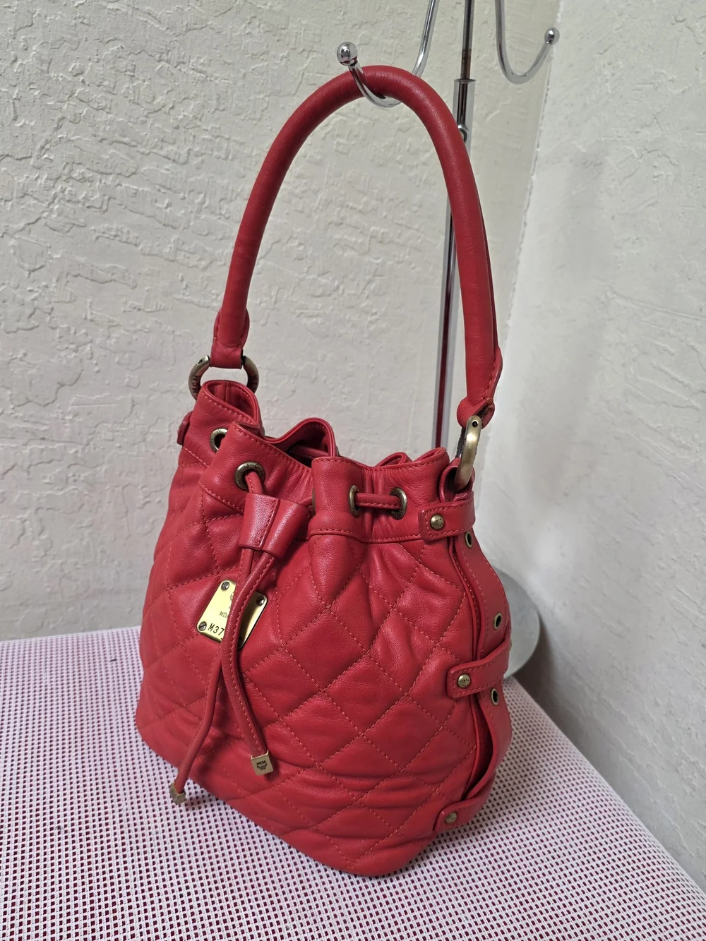 MCM Red Drawstring Bucket Quilted Handbag Satchel AUTHENTIC